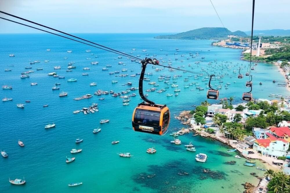 Du kh&aacute;ch c&oacute; thể di chuyển đến quần đảo An Thới bằng c&aacute;p treo.